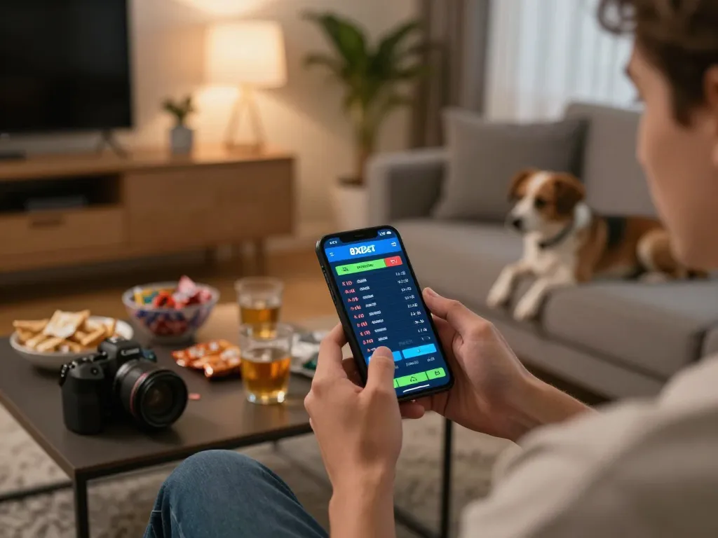 Person engaging with 8xbet mobile app in a cozy living room while enjoying snacks and drinks
