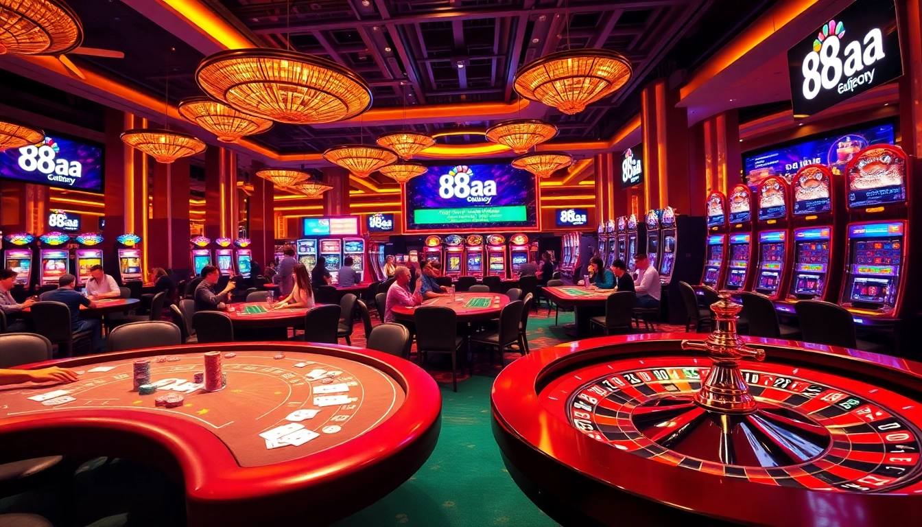 Exciting casino scene with players engaging on tables featuring 88aa branding, illustrating vibrant gambling action.