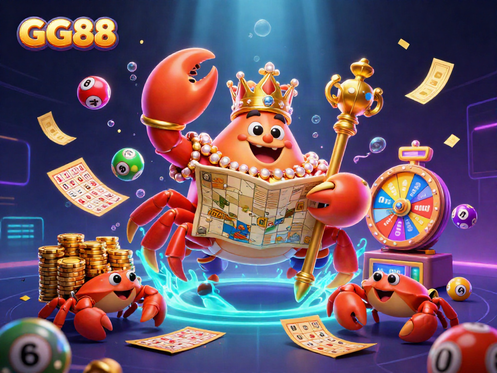 Experience the vibrant world of GG88 with a golden crab emperor amid dynamic casino elements and colorful prizes.