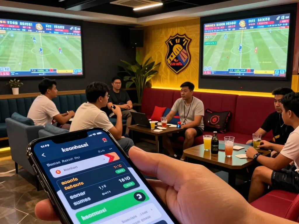 Engaging atmosphere in a sports betting lounge showcasing keonhacai odds on smartphones, vibrant discussions among enthusiasts