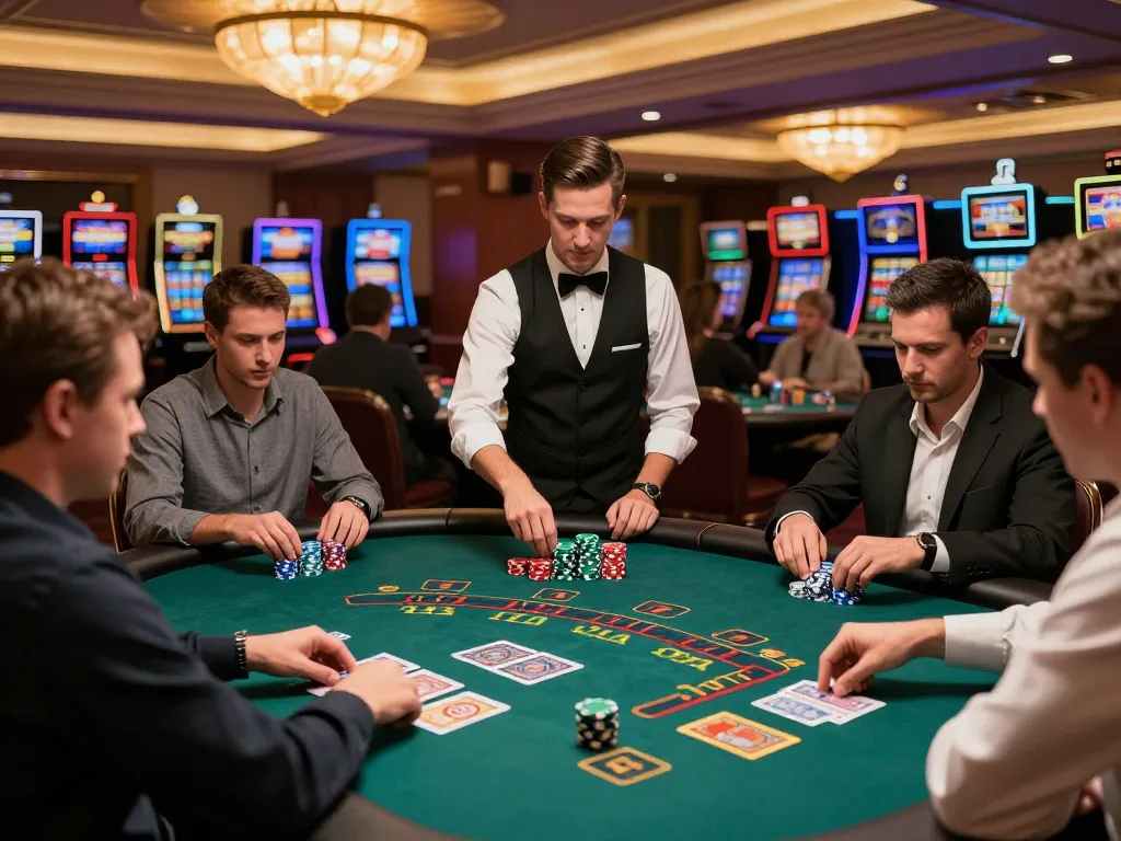 Engaging blackjack gameplay at https://vin88us.com/ with players assessing hands and placing bets