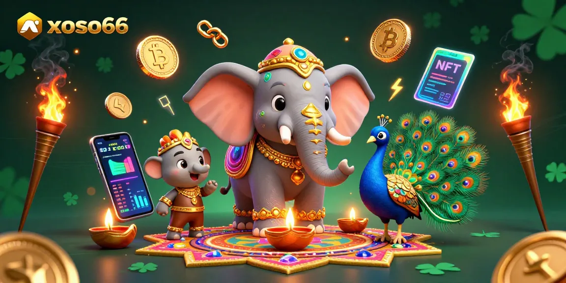 Join the excitement at xoso66 with vibrant casino-themed 3D illustration showcasing a dynamic elephant and peacock.