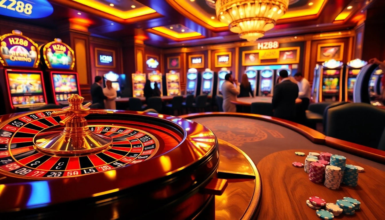 Engaging scene featuring HZ88 poker chips and roulette at a lively casino table.