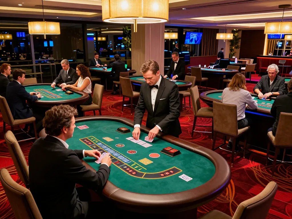 U888 players calculating strategies at blackjack tables in a luxurious casino setting