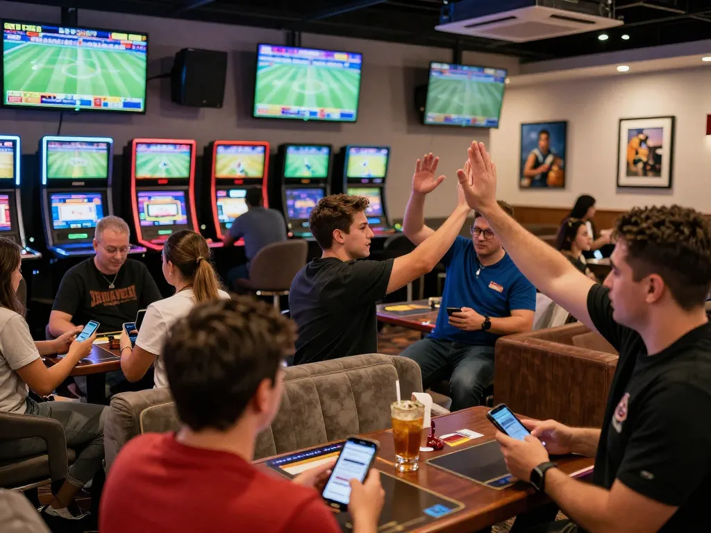 vsbet bettors celebrating wins while using sports betting app in luxurious lounge.
