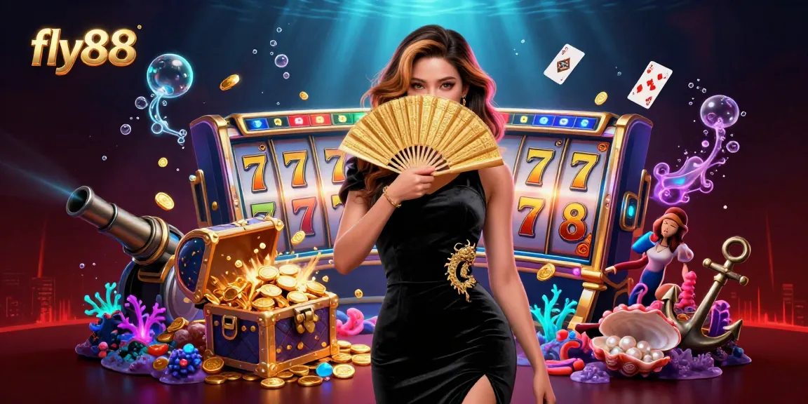 Experience excitement with fly88's vibrant casino scene featuring spinning slots and treasures.