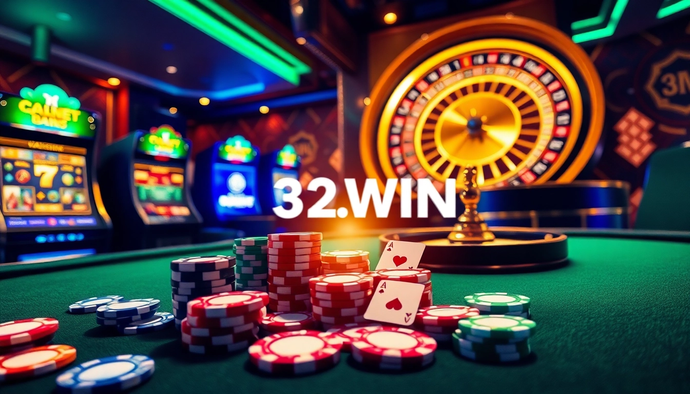 Experience thrilling gameplay at 32WIN with vibrant casino tables and exciting slot machines.
