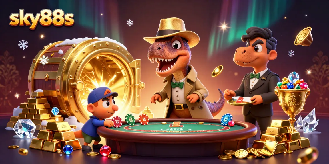 Join the exciting action at sky88s, featuring a velociraptor card counter amidst luxurious casino elements.