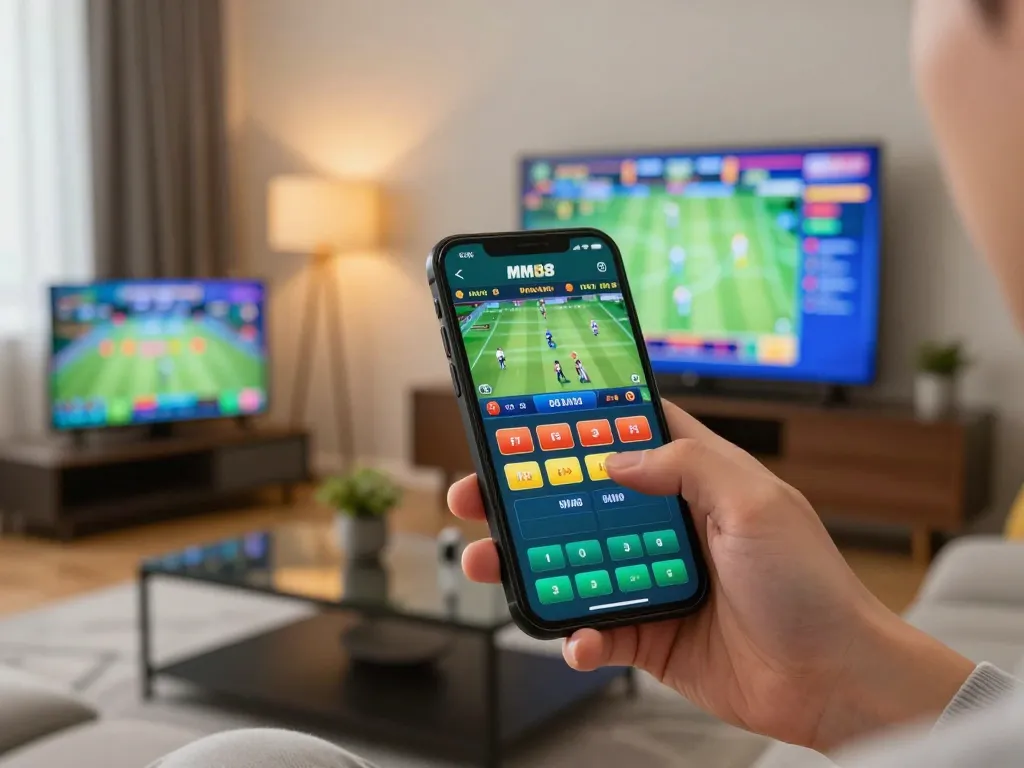 Player engaging in online betting with MM88 sports app on smartphone in a stylish living room.