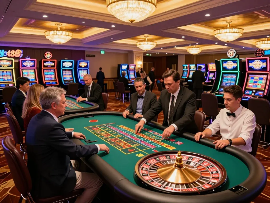 Players strategizing bets at Net88's vibrant roulette table in luxurious casino setting