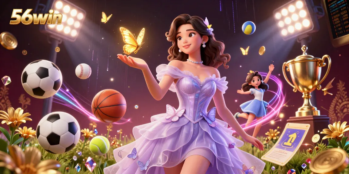 Experience the thrill of winning with 56win in a vibrant 3D gaming scene filled with sports elements.