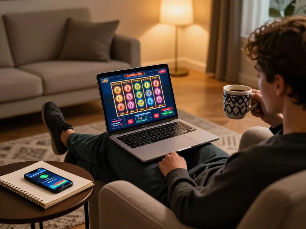 Engaging with nhà cái uy tín through online slots on a cozy home setup, creating a responsible gaming atmosphere.
