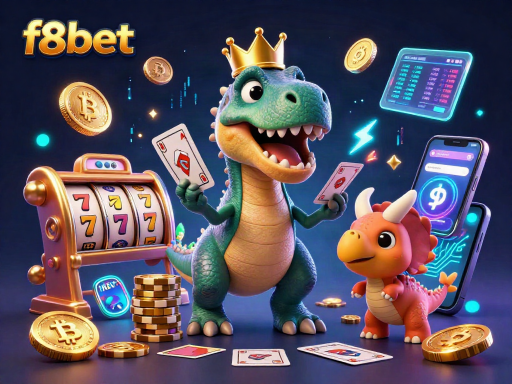 Engage with the vibrant f8bet scene featuring a T-Rex shuffling cards and a triceratops stacking chips in a lively casino.