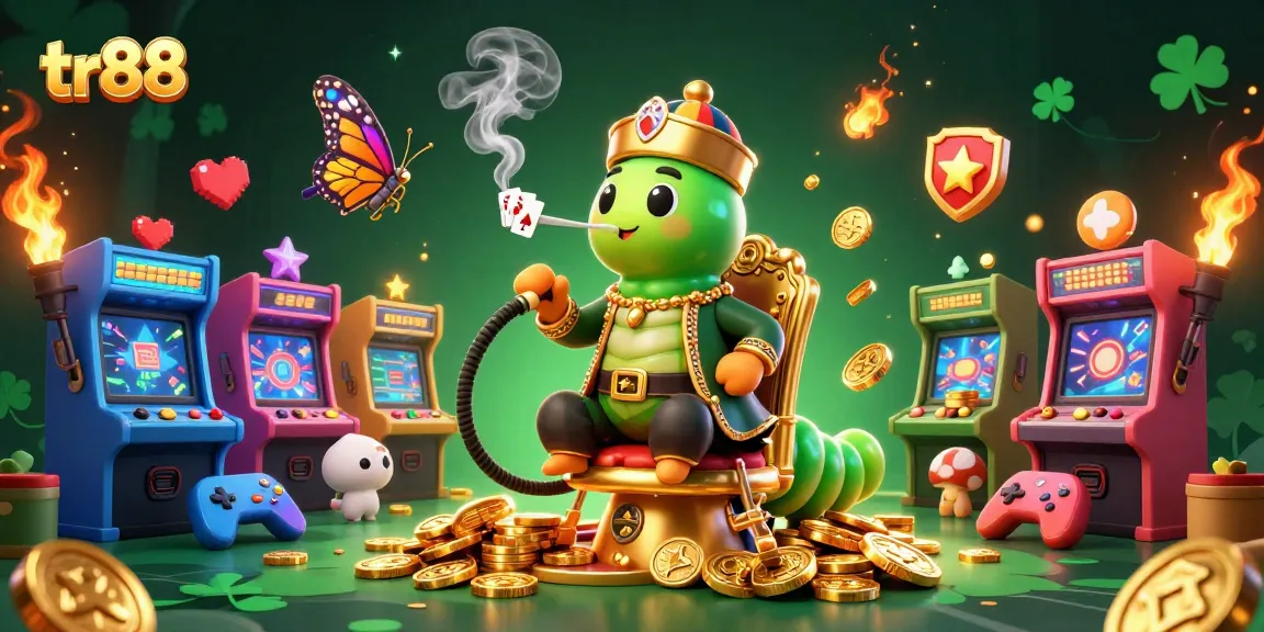 tr88 engages players in a vivid casino adventure with a 3D caterpillar hookah-master and vibrant gaming elements.