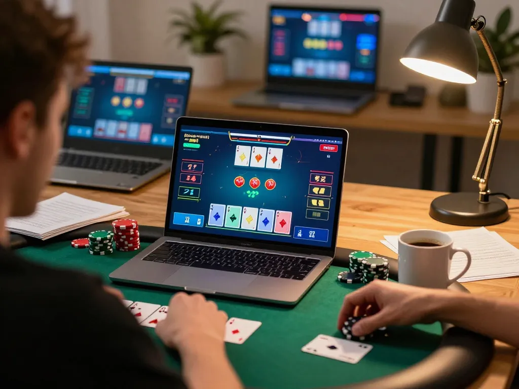 Playing a strategic poker game online with HITCLUB settings on display, engaging home atmosphere and focus.