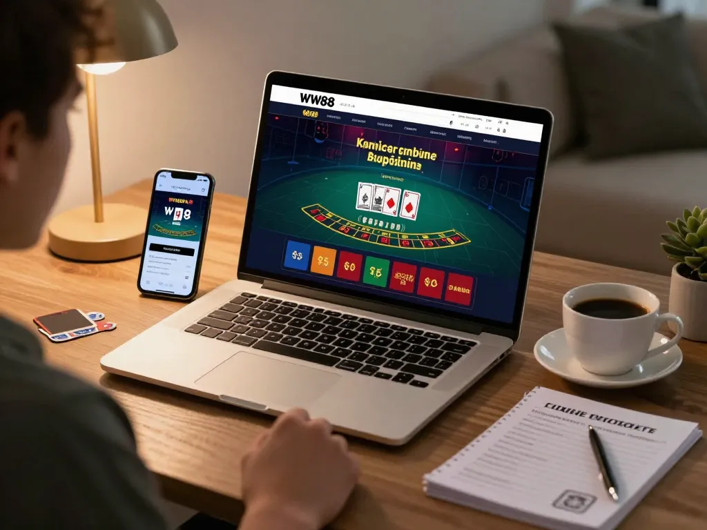 Player engaging in WW88 online blackjack on laptop, showcasing a strategic home gaming atmosphere.