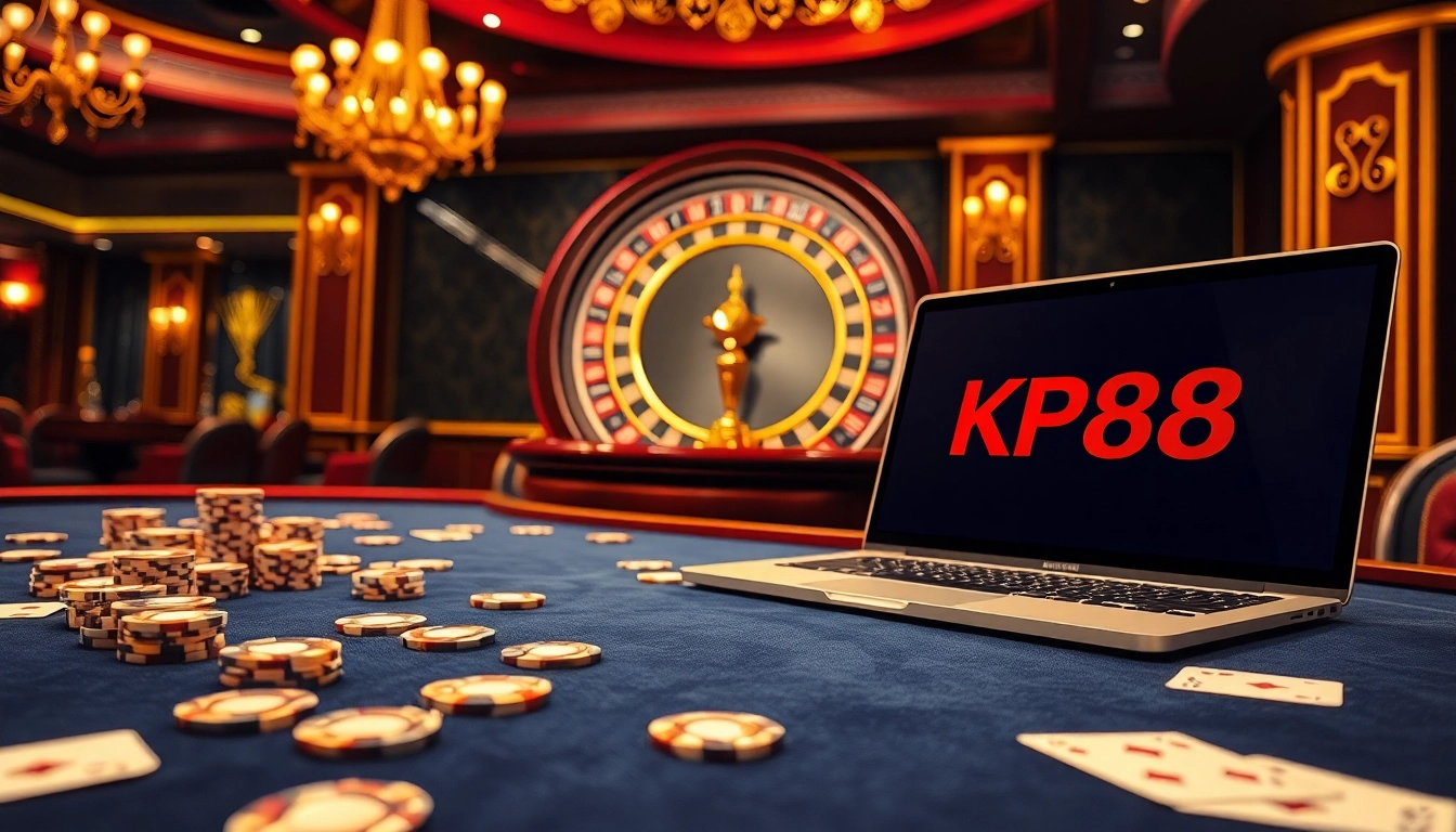 Experience thrilling gaming at KP88 with vibrant poker chips, luxurious tables, and exciting roulette.