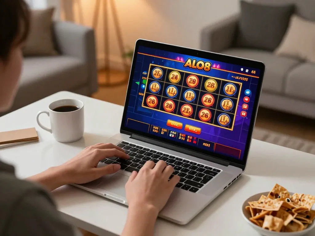 Player enjoying ALO8 online casino gaming on a laptop, showcasing various game interfaces.