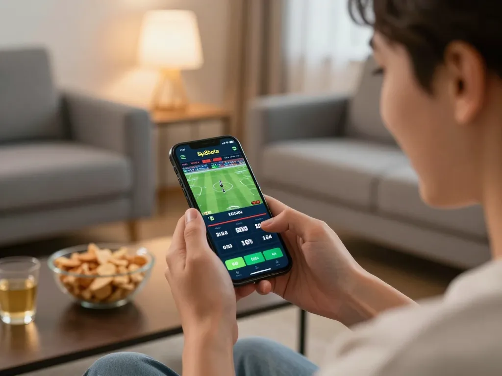 Person using sp8beta app for sports betting on smartphone in a cozy home setting