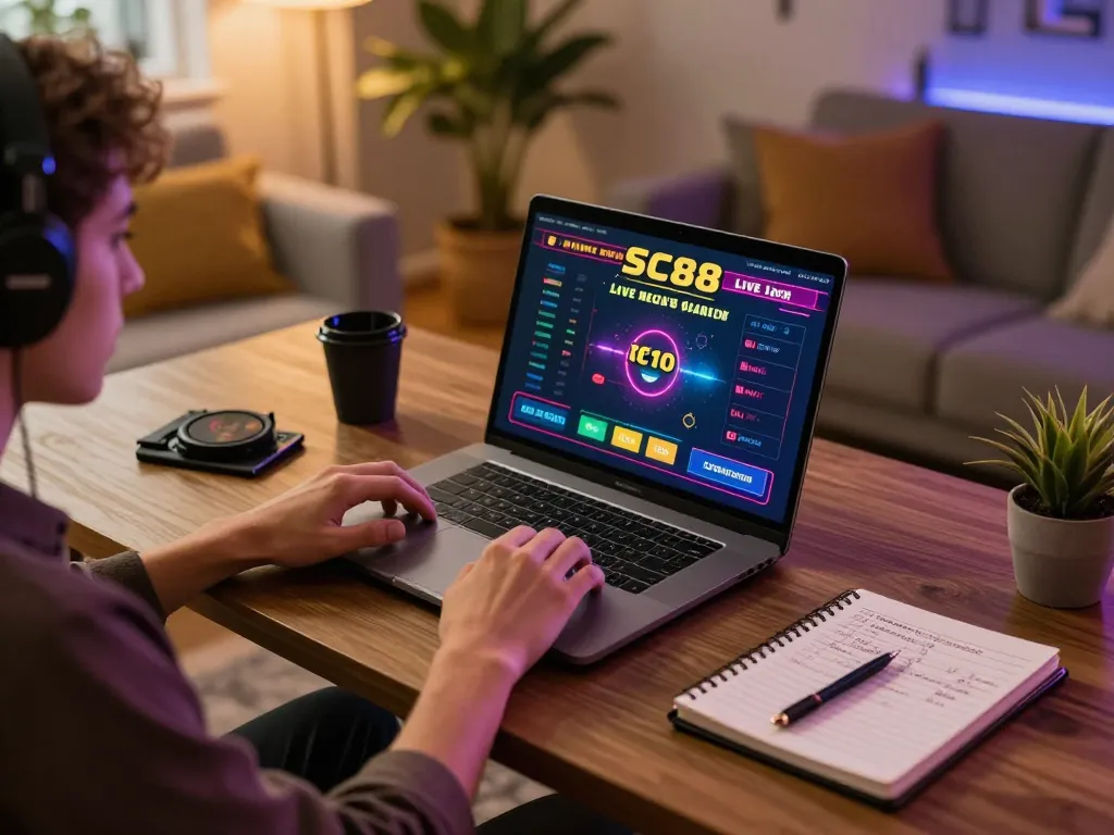 Person playing SC88 live dealer casino games on laptop at home, demonstrating online gambling experience