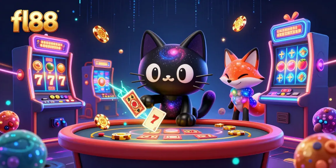 Engage in exciting fl88 casino gameplay with a cosmic black hole cat and vibrant cosmic elements.