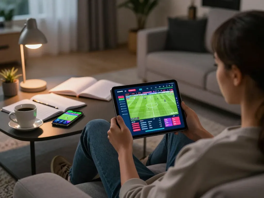 Socolive user engaging in online sports betting from a cozy home setup, showcasing vibrant graphics and sports analysis.