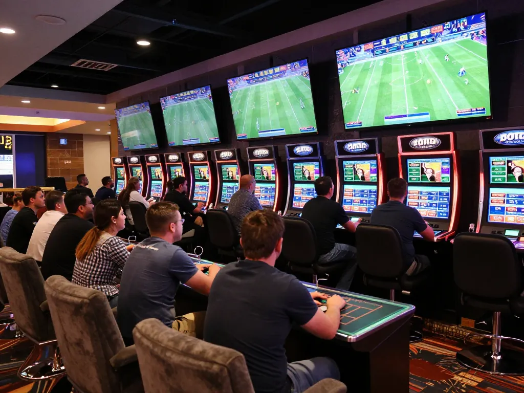 Engaged bettors at nhandinhkeonhacai's sports betting lounge, analyzing live match odds and making wagers