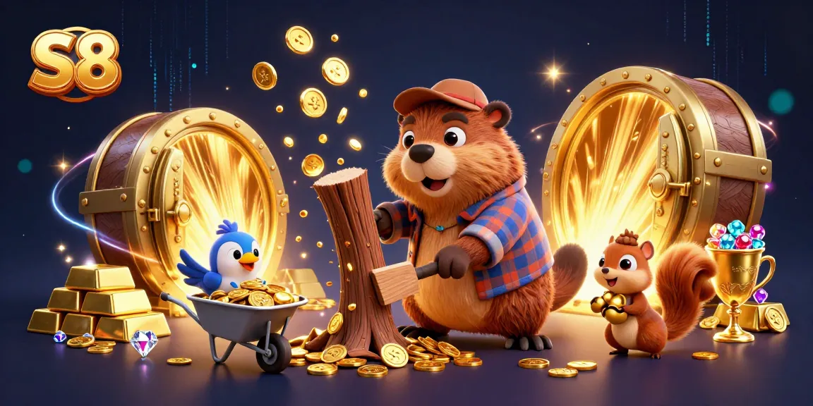 Engage with S8's thrilling gameplay through gold coins raining from a beaver's tree, surrounded by casino treasures.