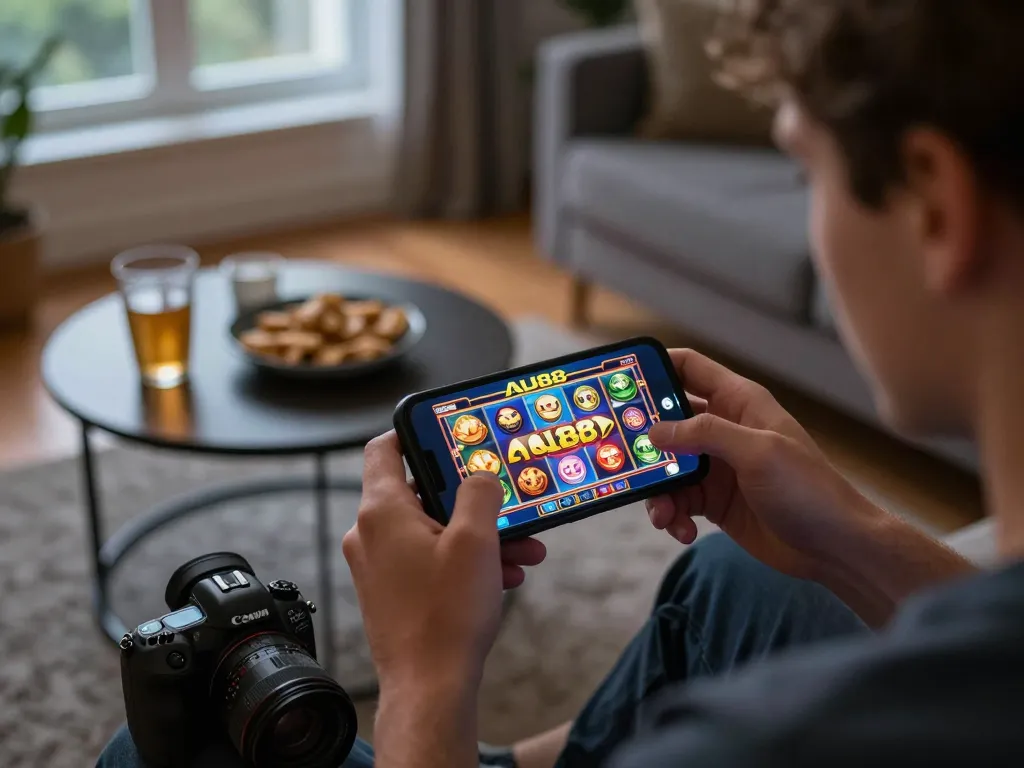 Player enjoying the AU88 casino app on smartphone in a cozy home setting