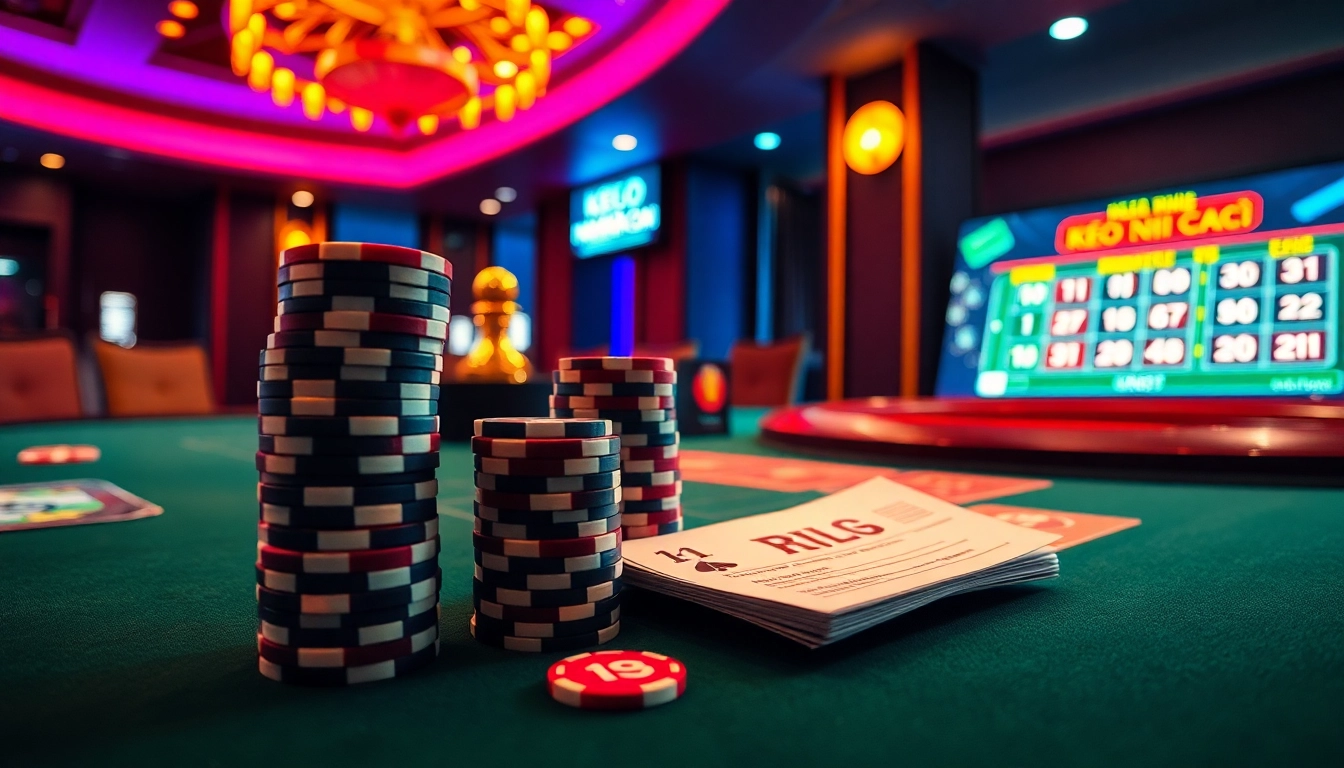 Kèo Nhà Cái betting action at a luxurious casino table with chips and roulette wheel.