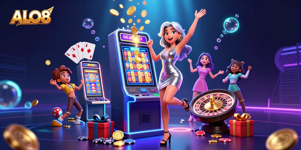 Win big with ALO8’s immersive slots, festive atmosphere filled with neon lights and gold coins.