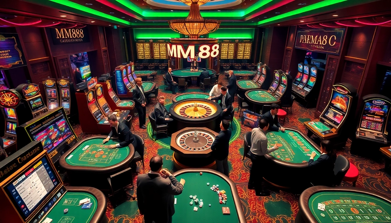 MM88 casino scene with vibrant slot machines and engaged players enjoying their gaming experience.