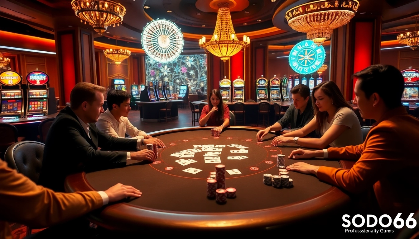 SODO66 casino gamblers intensely focus on a high-stakes poker game at an elegant table.