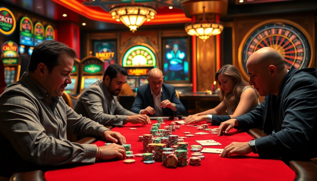 Players enjoy an intense poker game at the luxurious casino scene featured at https://gg88.hu.net/, surrounded by slot machines and roulette wheels.