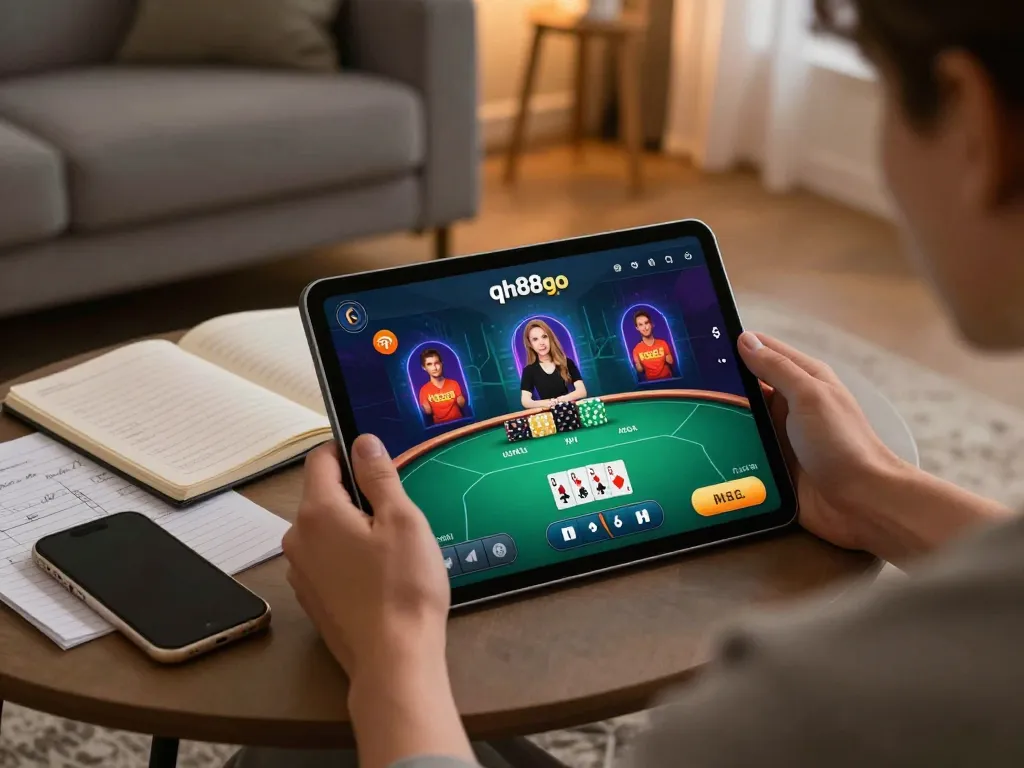 Engaging in online poker on qh88go app from cozy home setting with tablet and strategic notes.