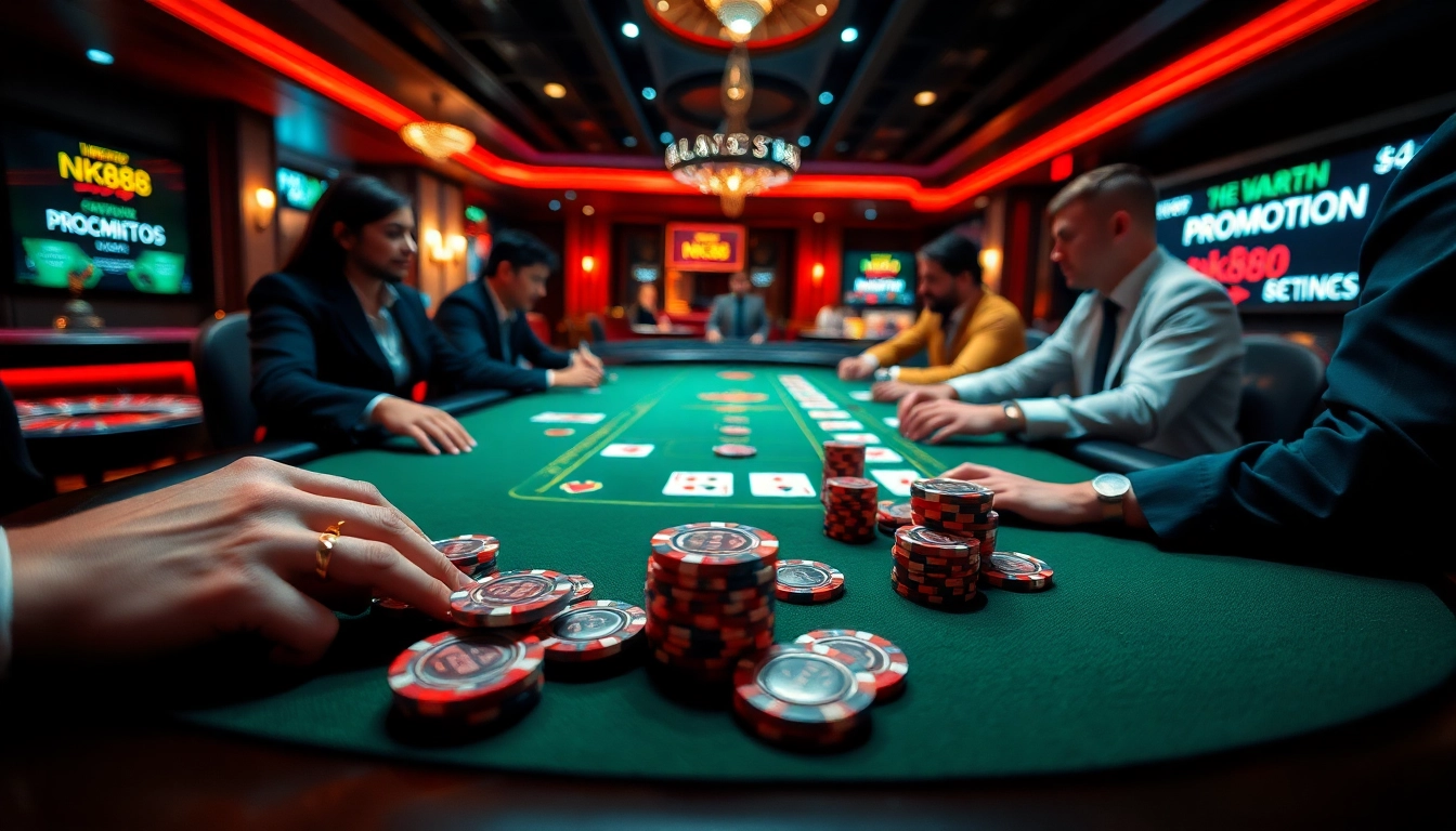 Players enjoy a thrilling poker game at nk88's luxurious casino table, surrounded by excitement.