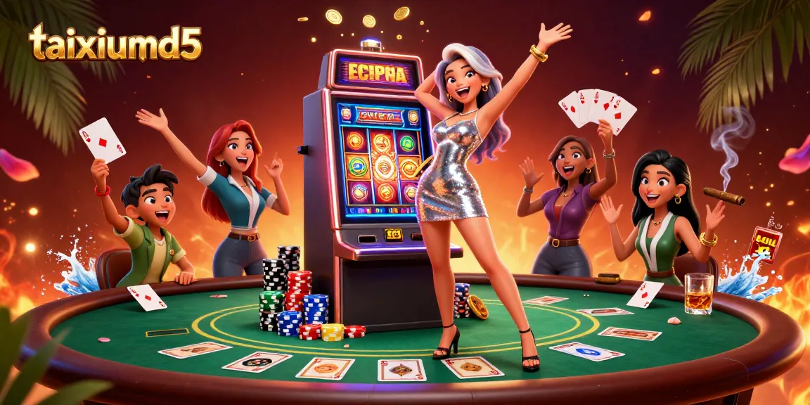 Experience the excitement of taixiumd5 with a celebratory scene featuring a jackpot slot machine and poker elements.