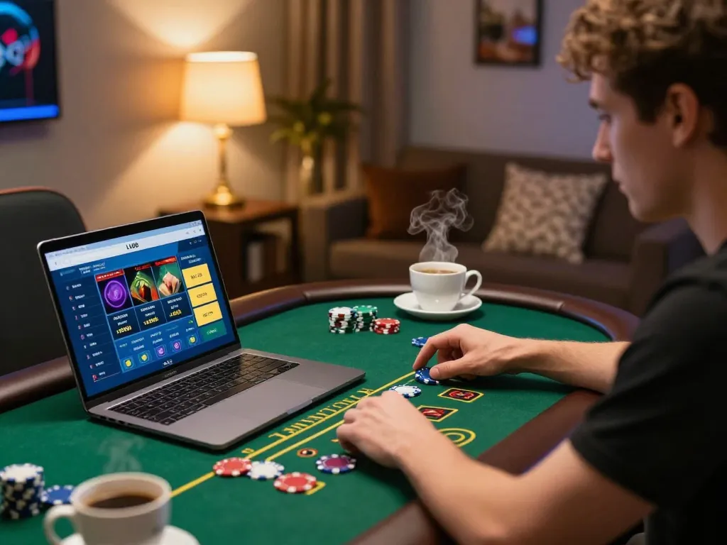 Player engaging in live Baccarat on LV88 laptop while surrounded by gambling strategy items