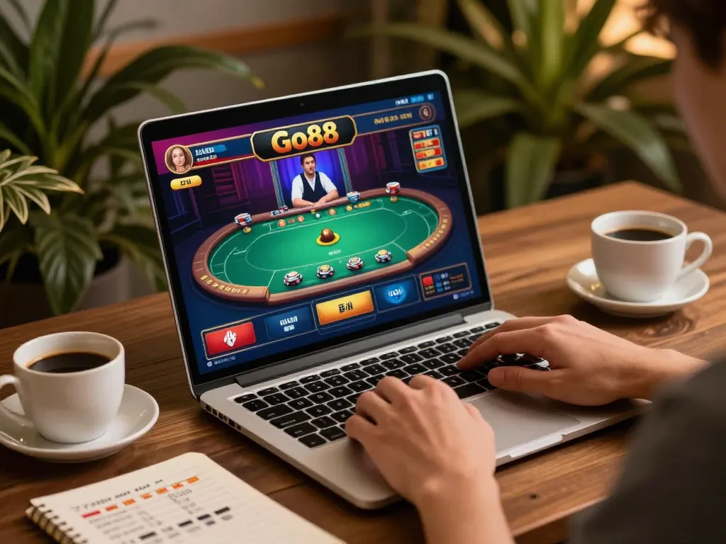 Engaging with Go88 casino games on a laptop while using betting strategies at home.