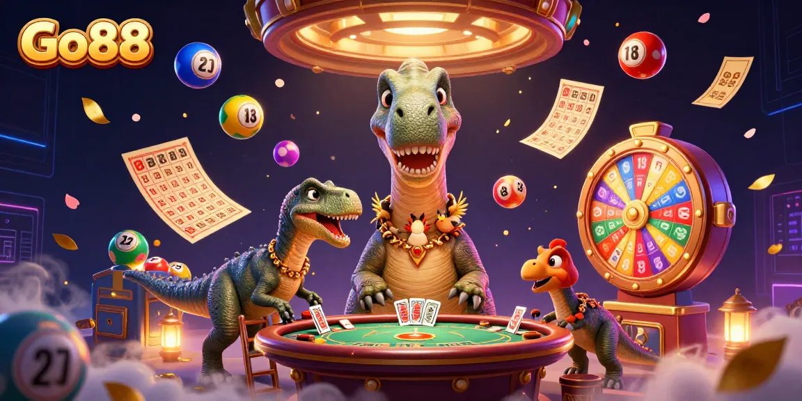 Engage with Go88's vibrant gaming world featuring a brontosaurus and a clever raptor in a dynamic casino setting.