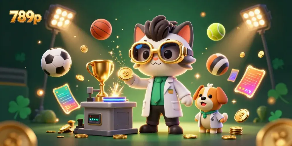 Engage with 789p, a vibrant 3D casino scene showcasing dynamic sports elements and cartoon characters creating gold coins.