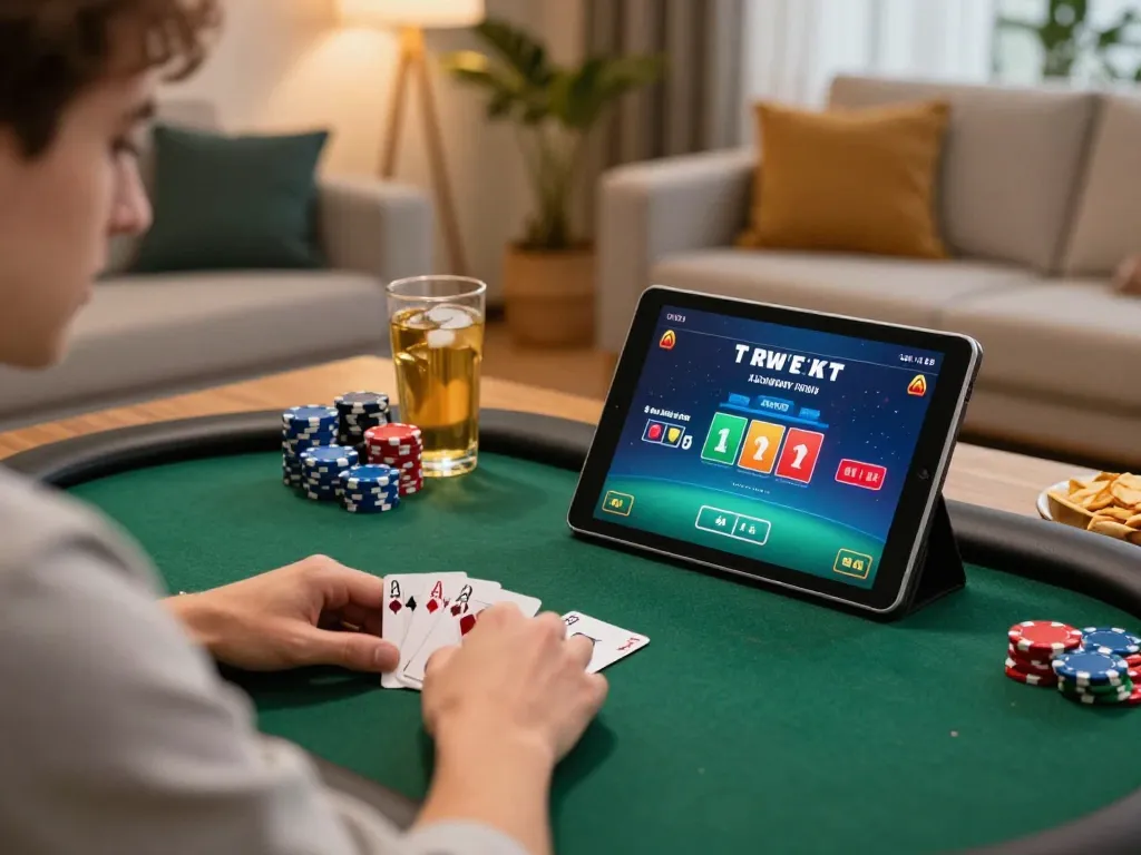 GG88 player immersed in online poker gameplay at home, showcasing strategic gaming environment.