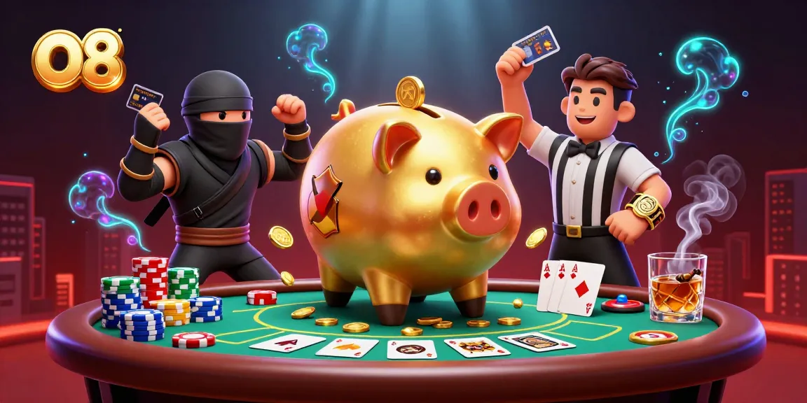 Engage in thrilling games at O8 with a vibrant casino scene showcasing excitement and unique characters.