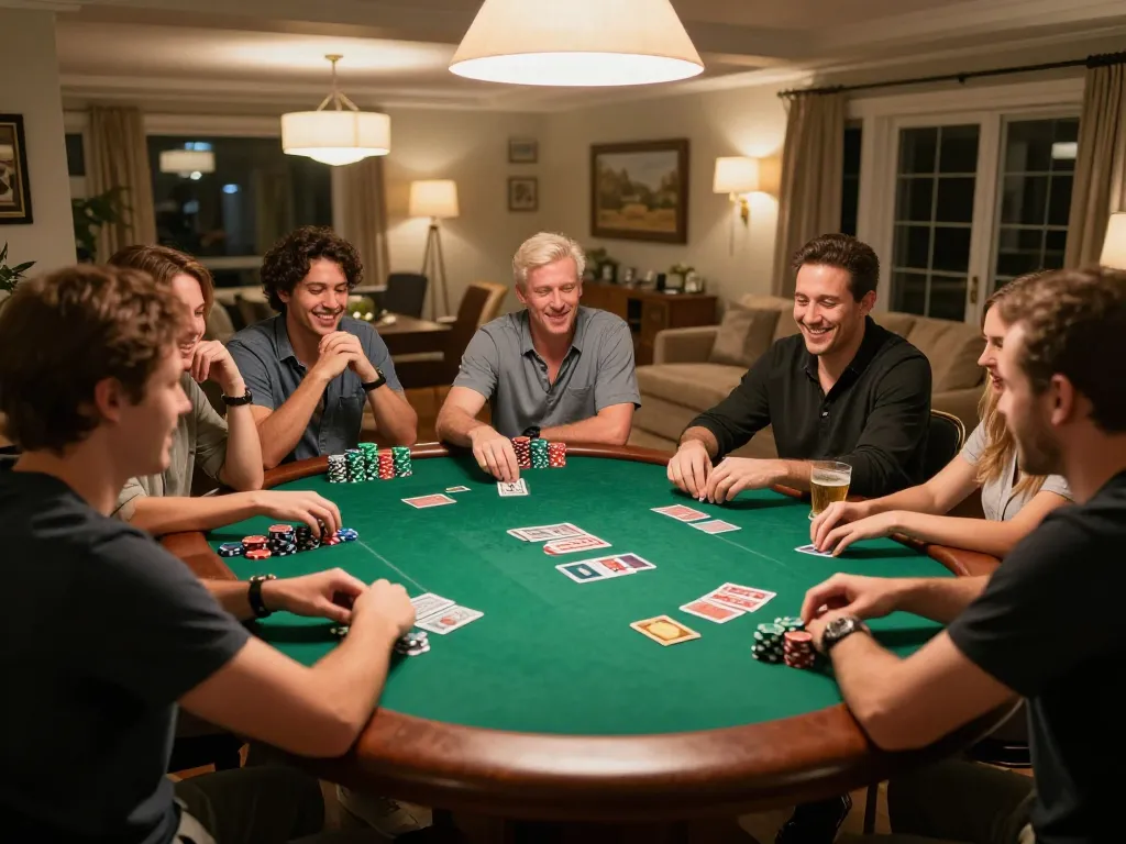 Players enjoying a thrilling poker game at home, showcasing the strategic play and camaraderie in 888top.