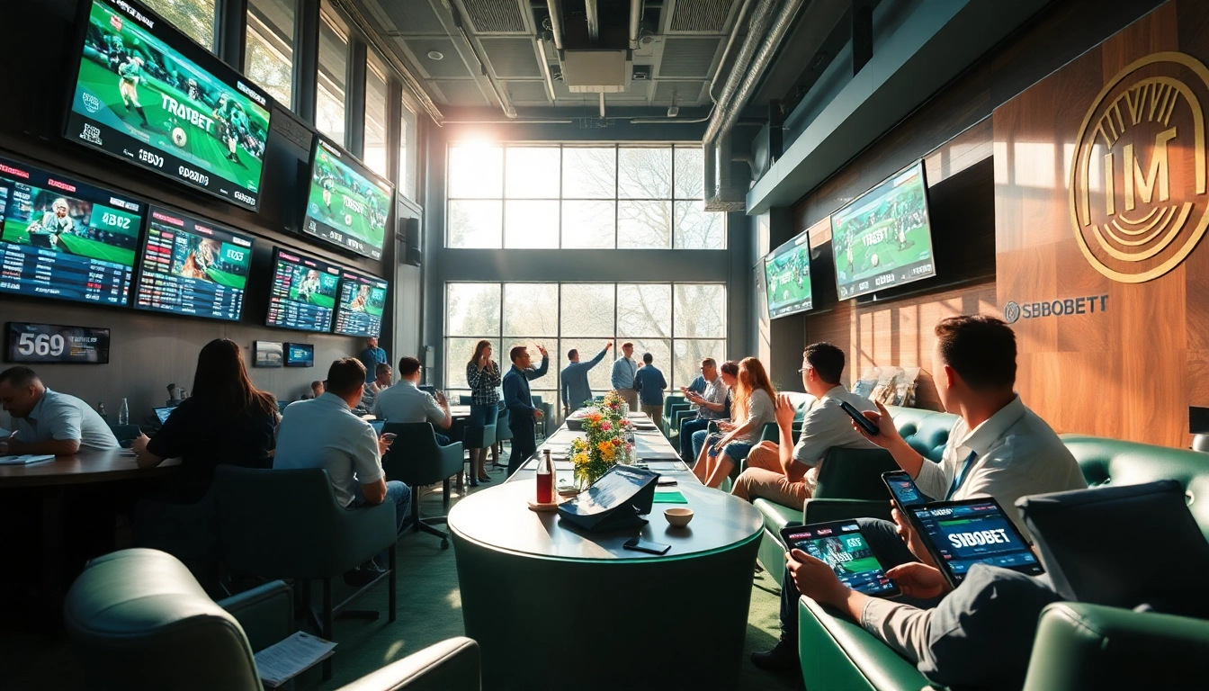 SBOBET vibrant sports betting lounge showcasing live events and betting activity.