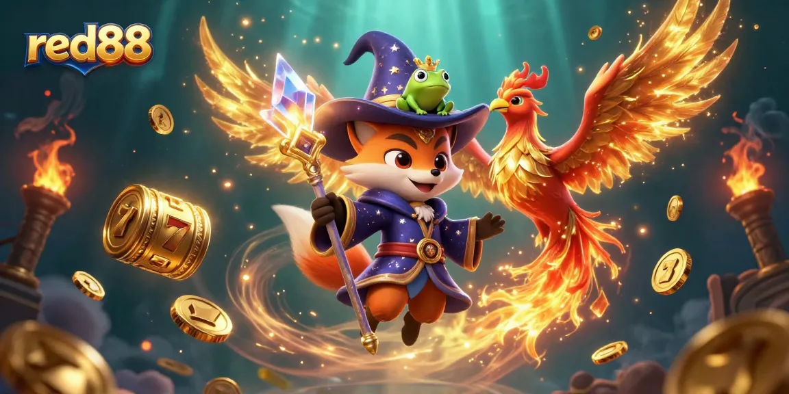 Experience thrilling gaming action with red88, featuring a wizard fox and phoenix in a vibrant casino scene.