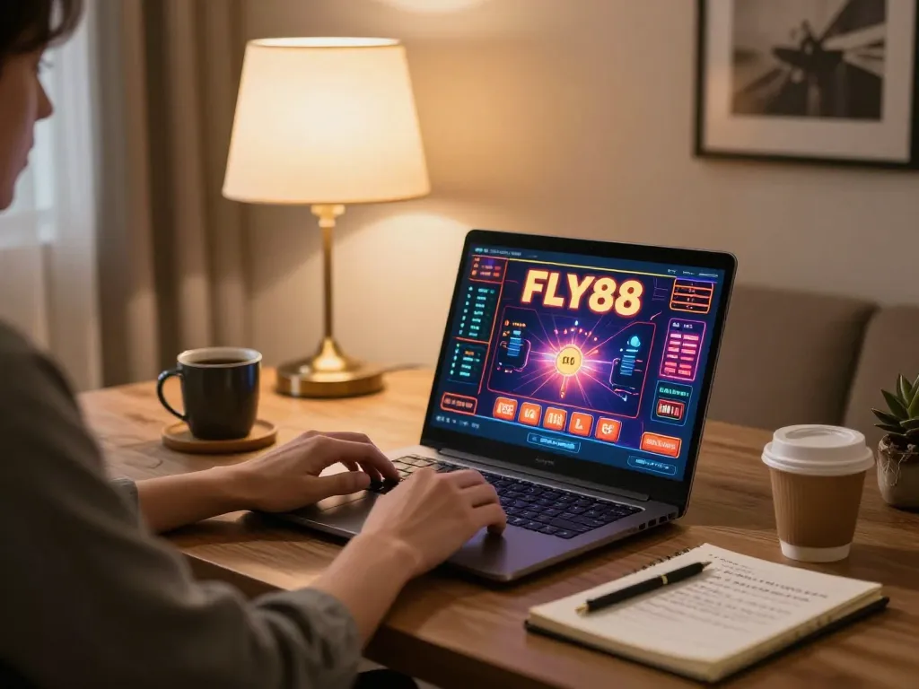 Engaging online gaming scene featuring FLY88, with a player utilizing a laptop for strategic betting