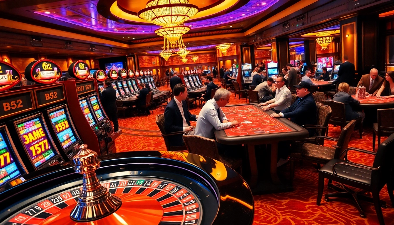 Players enjoying B52 slots and poker at a luxurious casino table.