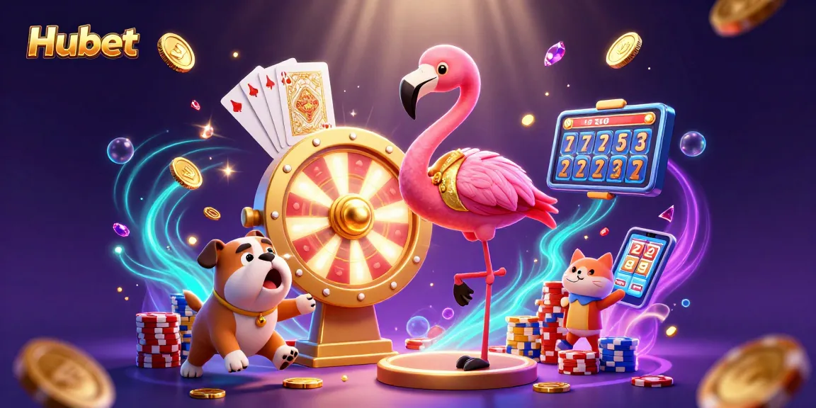 Win big with Hubet: 3D flamingo host, bulldog contestant, and cat assistant in a thrilling casino scene.