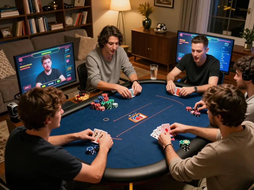 Players engage in an exciting online poker game with 99ok, showcasing strategic gameplay in a cozy setting.